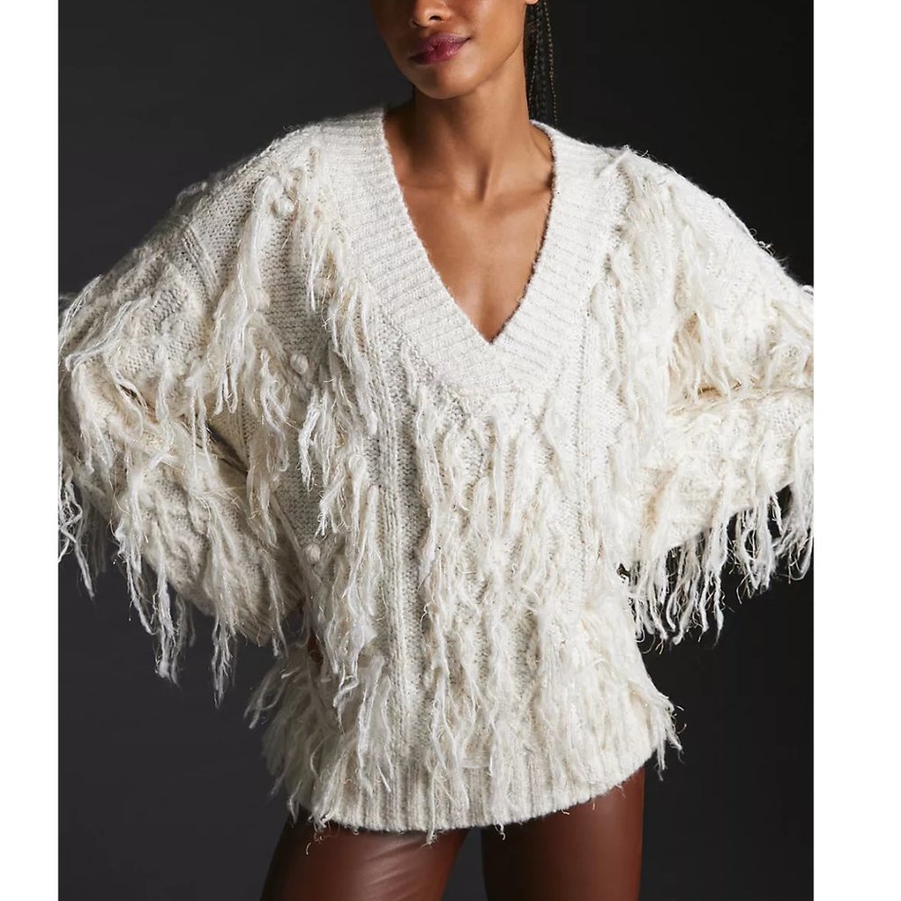 By Anthropologie Fringed Pullover Sweater Ivory White w/ Shimmer - Medium.